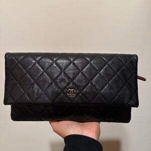 CHANEL Black Foldover Leather Clutch
